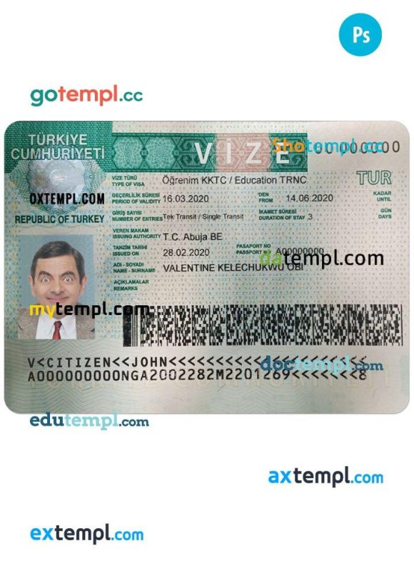 Turkish travel visa PSD example, with fonts