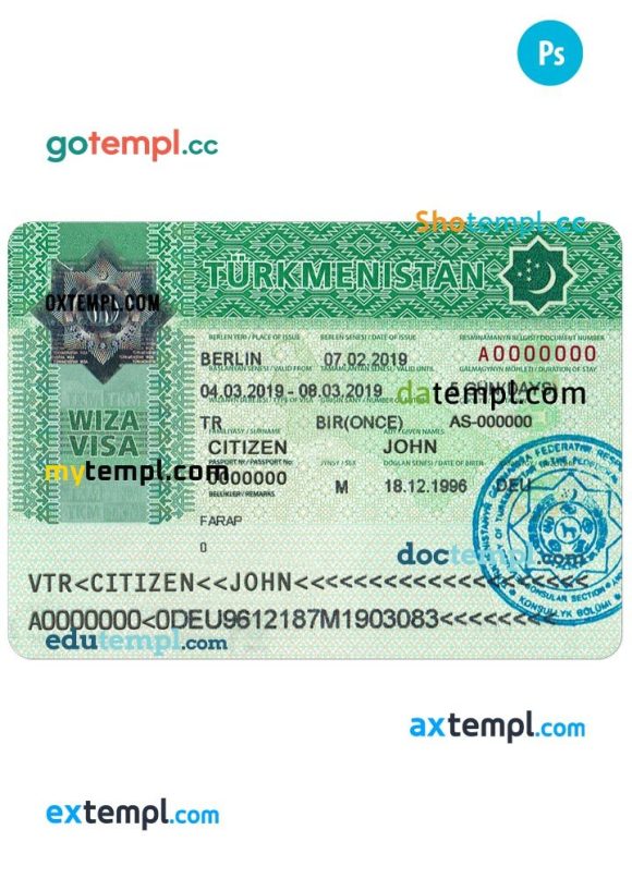 Turkmen entry tourist visa PSD example, completely editable, with fonts