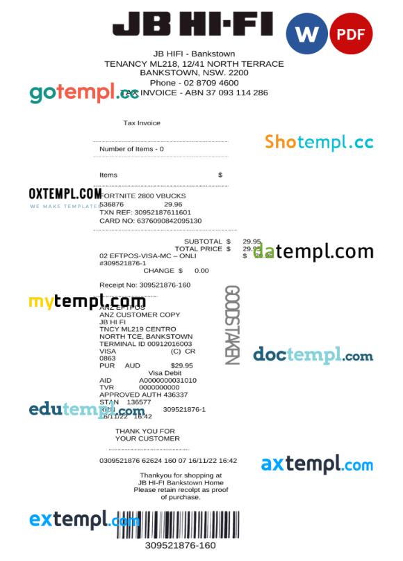 Australian JB Hi-Fi tax invoice Word and PDF example, fully editable