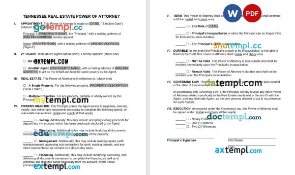 Tennessee Real Estate Power of Attorney Form example, fully editable