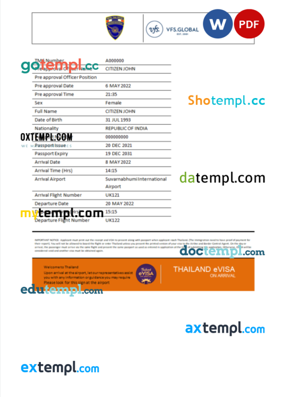 Thailand e-visa Word and PDF example