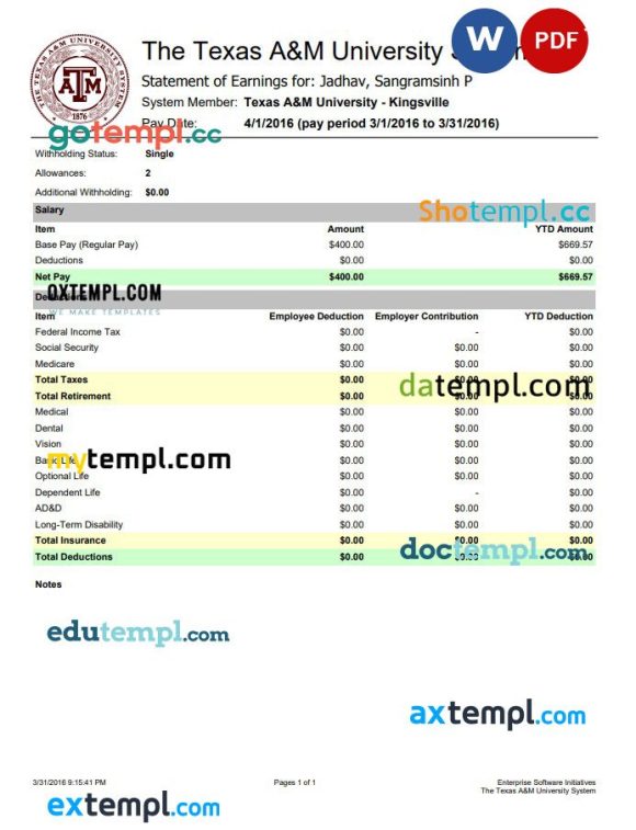 The Texas A&M University System Earnings statement Word and PDF example