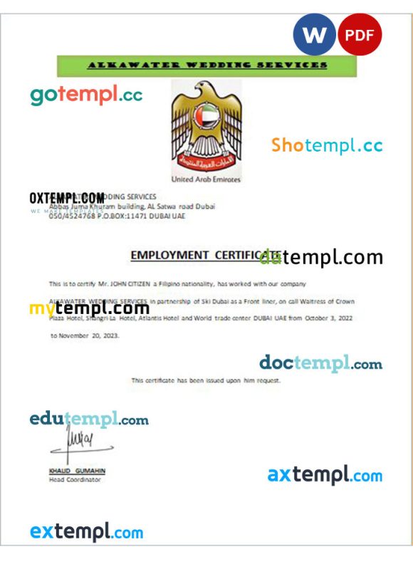 UAE Alkawater Wedding Services certificate of employment Word and PDF download template