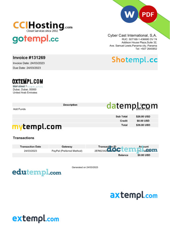 UAE Cyber Cast International invoice Word and PDF example