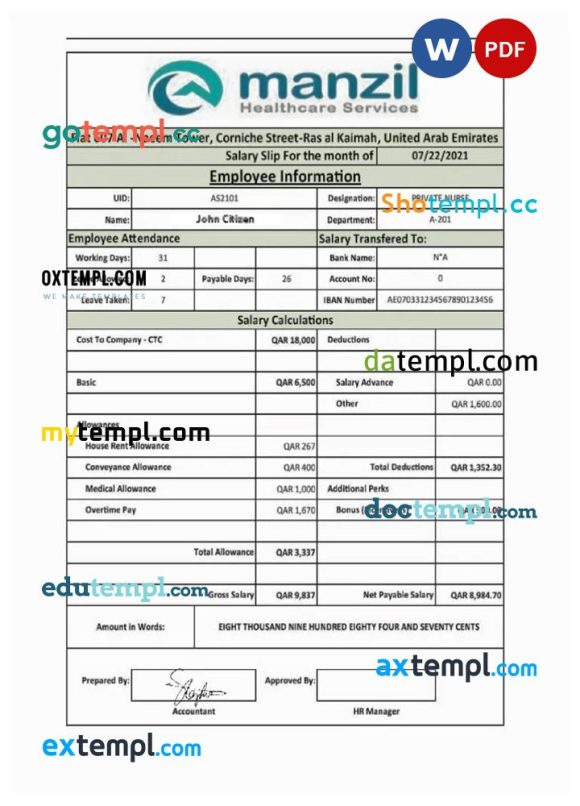 UAE MANZIL Healthcare Services salary slip example in Word and PDF formats