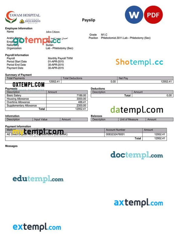 UAE Tawam hospital payslip example in Word and PDF formats