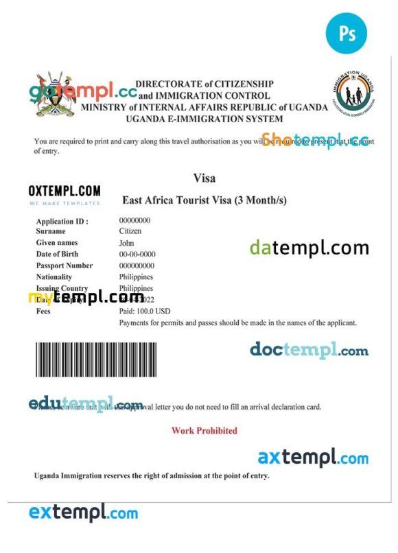 UGANDA electronic entry visa PSD example, fully editable