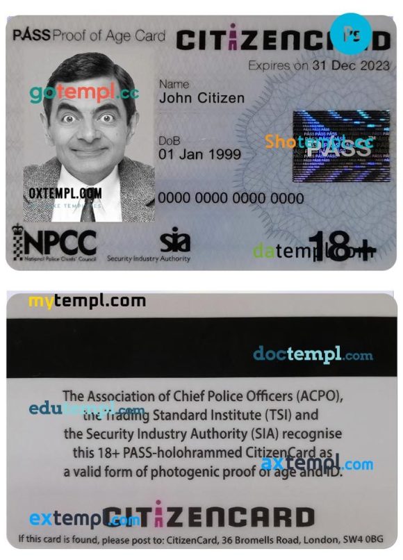 United Kingdom Pass CitizenCard (proof of age card) example in PSD format