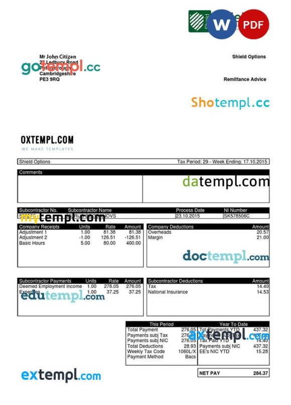 UNITED KINGDOM SHIELD contract services payslip pay stub example in Word and PDF formats