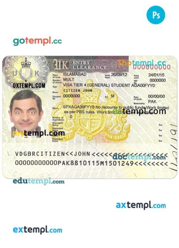 United Kingdom entry visa PSD example, completely editable, with fonts