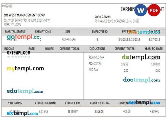 USA 601 WEST management corporation payslip example in Word and PDF formats