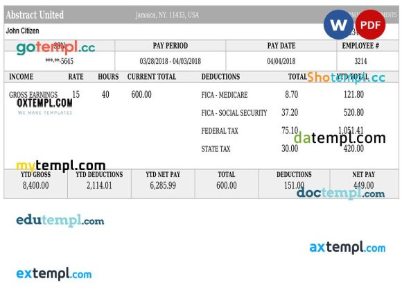 USA ABSTRACT united payslip pay stub example in Word and PDF formats