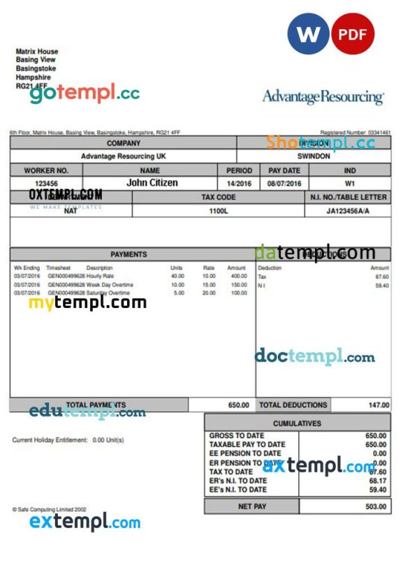 USA ADVANTAGE resourcing paystub example in Word and PDF formats