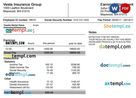 USA ALABAMA Vesta Insurance Group earning statement example in Word and PDF formats