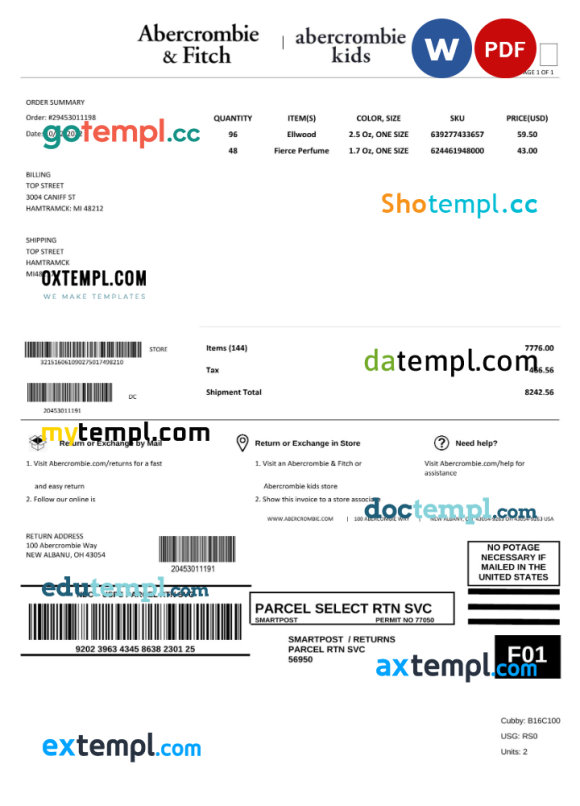 USA Abercrombie & Fitch invoice example Word and PDF example, fully editable