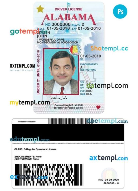 Alabama driver license PSD template, under 21