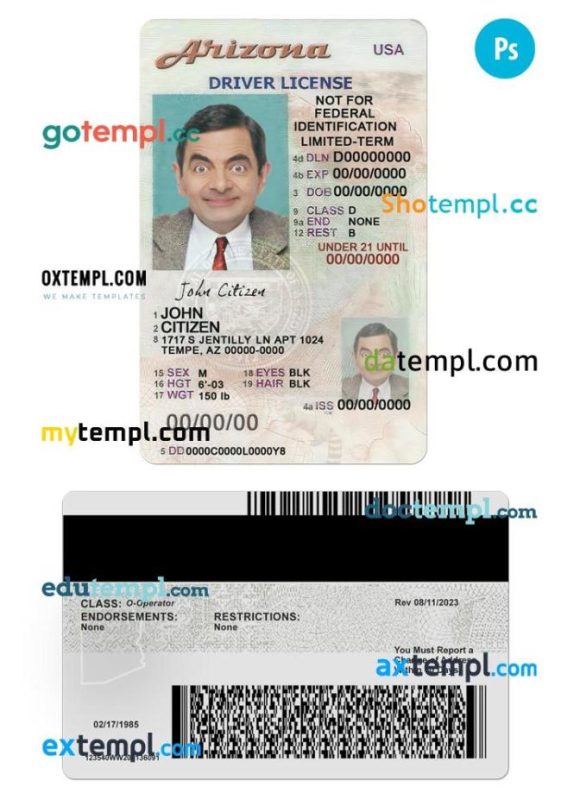Arizona driver license PSD template, under 21