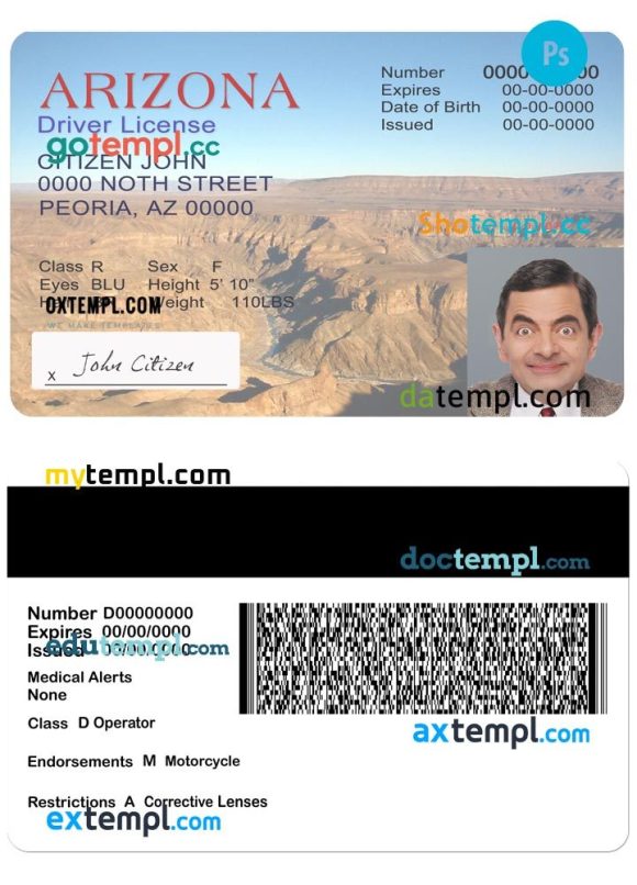 Arizona driver license PSD template, version 2