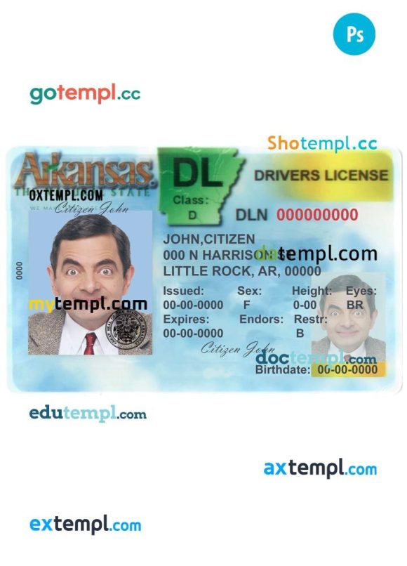 Arkansas driver license PSD template (front), version 2