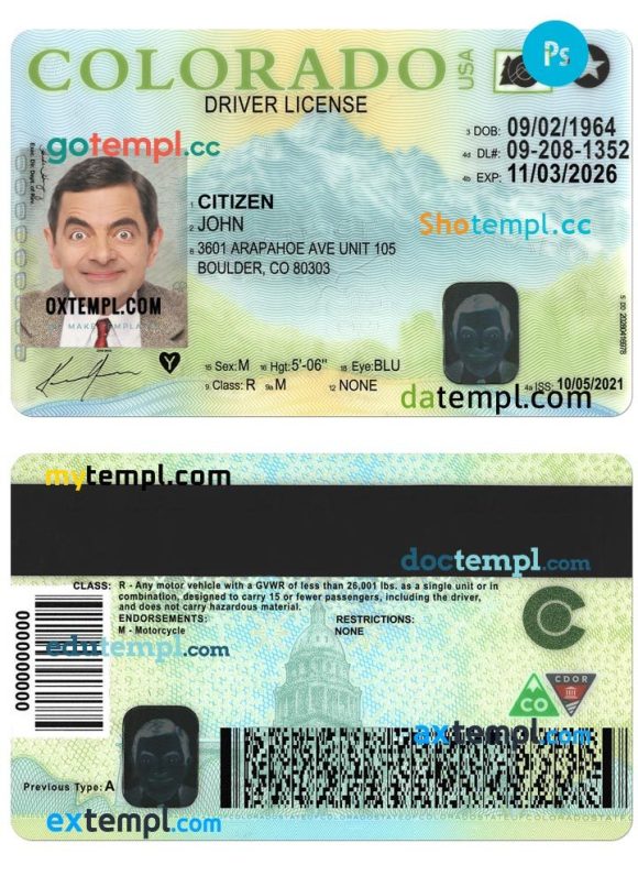 Colorado driver license PSD template, version 2