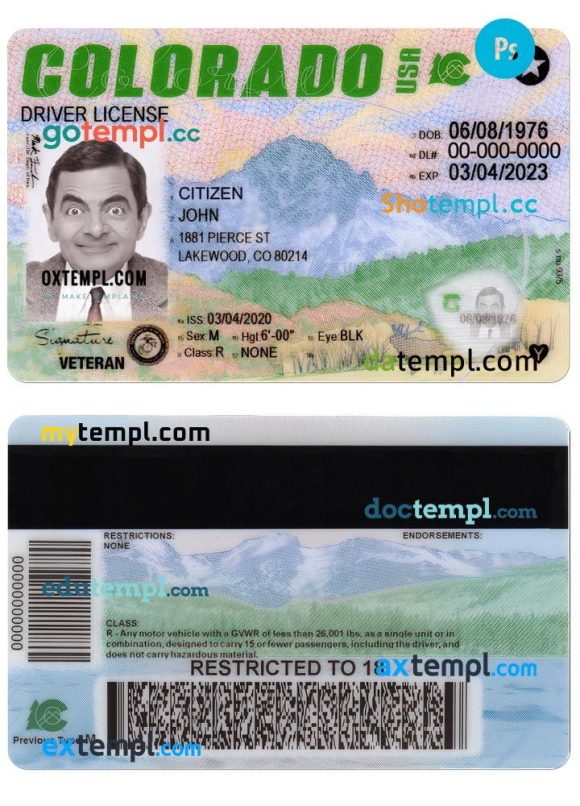 Colorado driver license PSD template, 2022 - present
