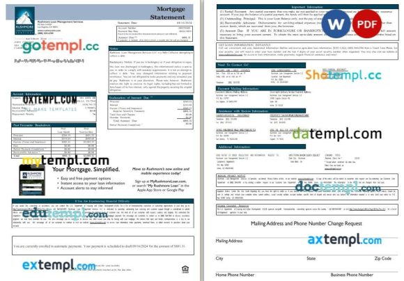 USA California Rushmore Loan Management Services LLC mortgage statement Word and PDF template, 3 pages