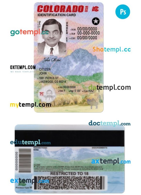 USA Colorado state ID card PSD template, under 21, completely editable