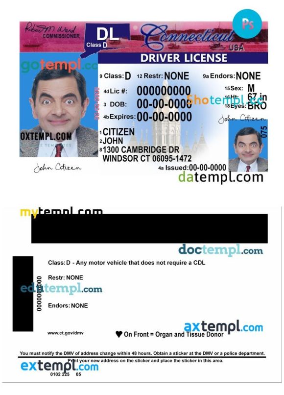 Connecticut driver license PSD template, version 2