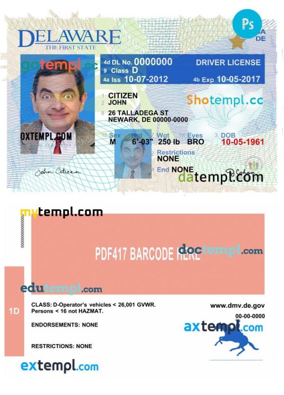 Delaware driver license PSD template, version 2