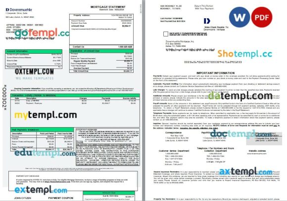 USA Dovenmuehle mortgage statement Word and PDF template, 3 pages