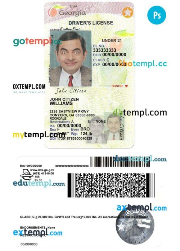 Georgia driver license PSD template, under 21, 2017-2019