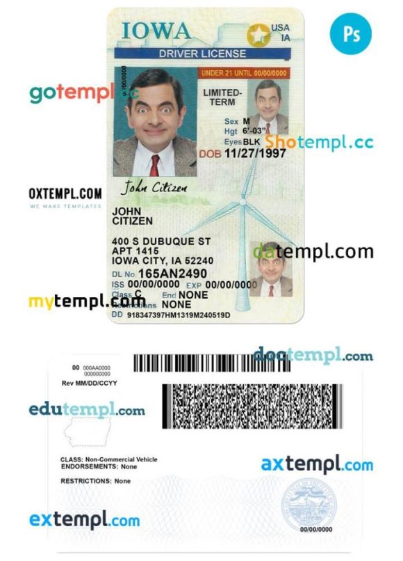 Iowa driver license PSD template, under 21