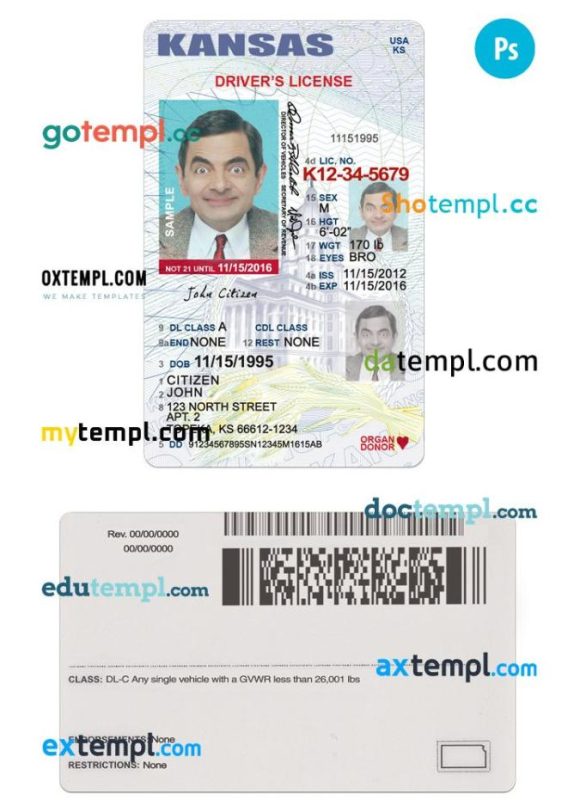Kansas driver license PSD template, under 21