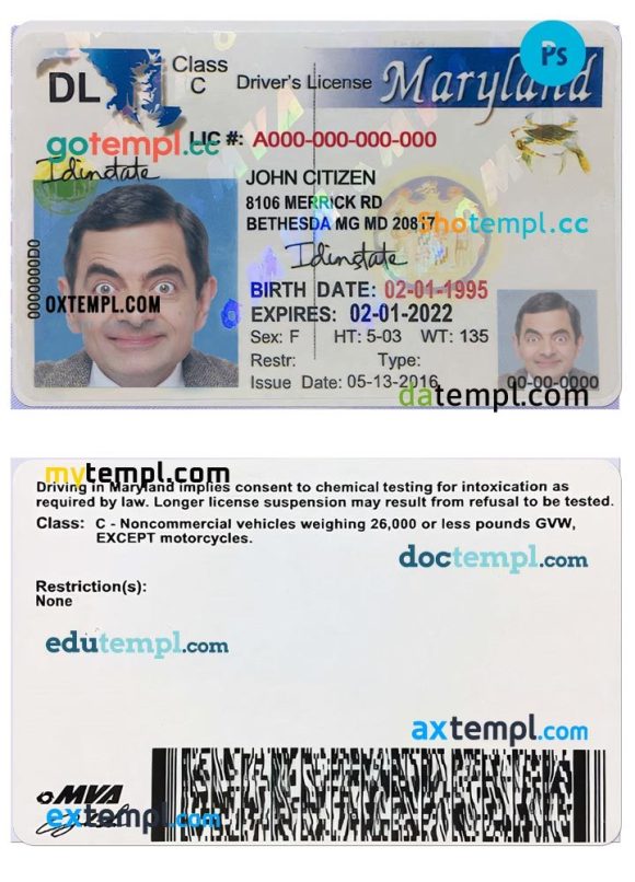 Maryland driver license PSD template, 2003-2016
