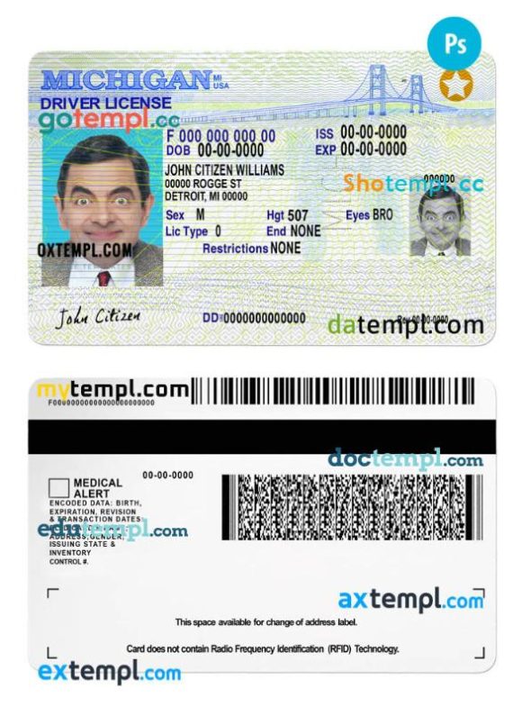 Michigan driver license PSD template, 2021-present