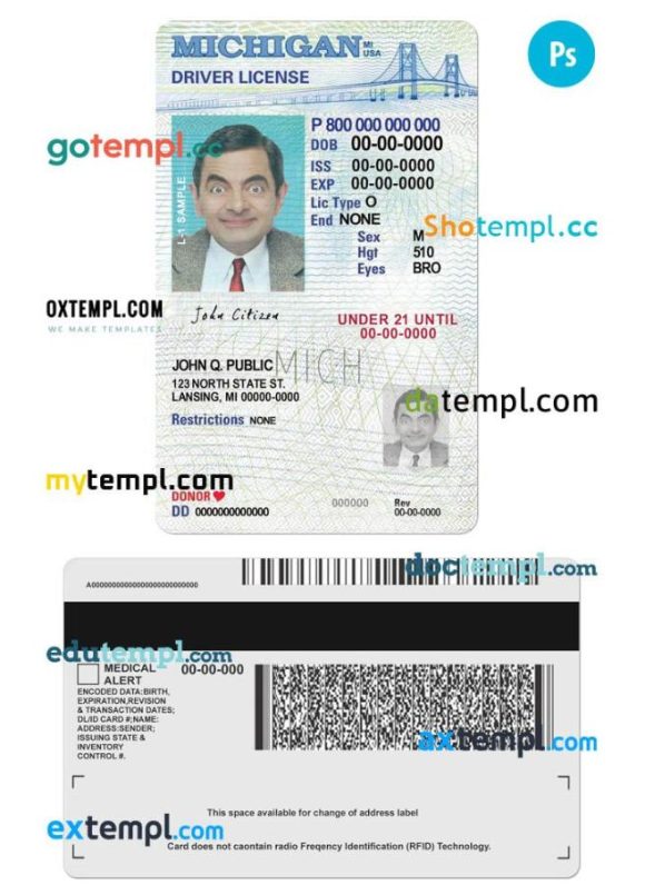 Michigan driver license PSD template, under 21