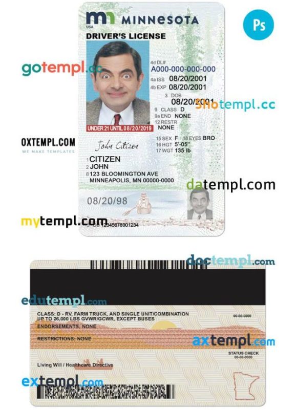 Minnesota driver license PSD template, under 21
