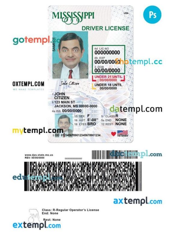 Mississippi driver license PSD template, under 21