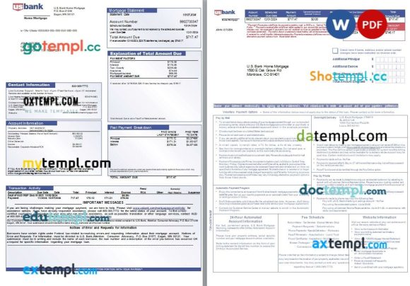 USA Missouri U.S. Bank Home mortgage statement Word and PDF template, 3 pages