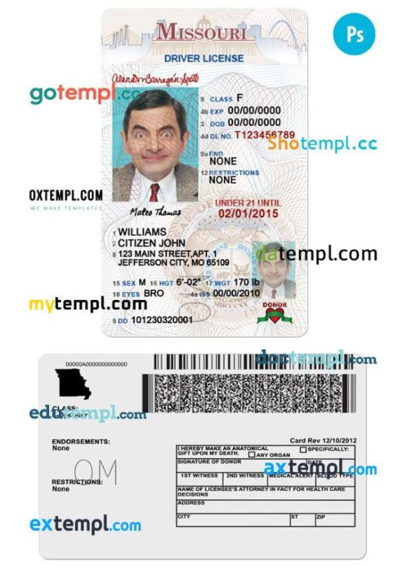 Missouri driver license PSD template, under 21