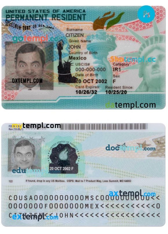 USA green card, permanent resident card PSD example, current version, 2023