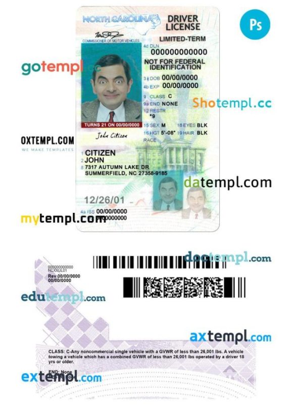North Carolina driver license PSD template, under 21