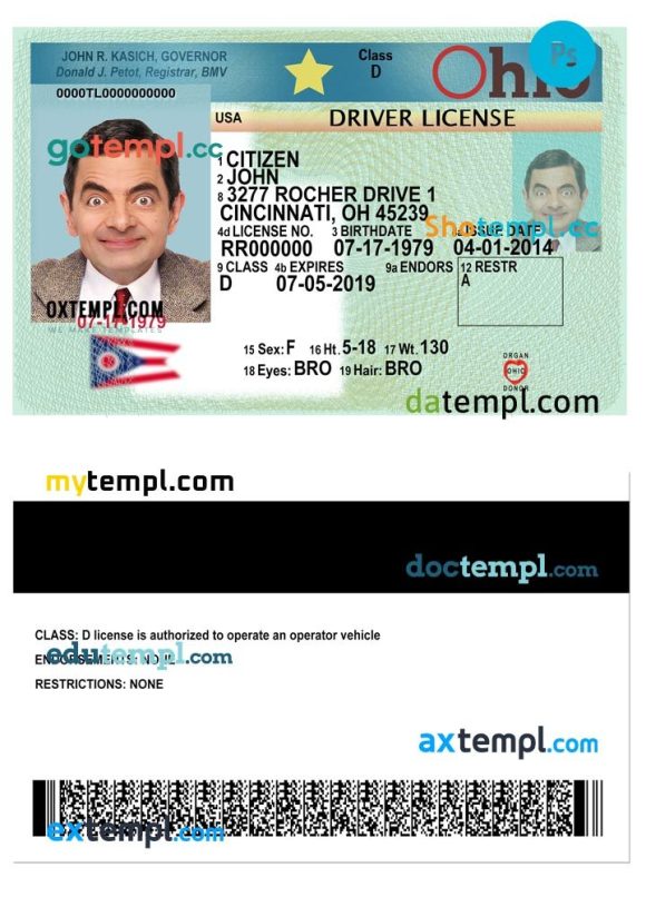 Ohio driver license PSD template, 2018 - present