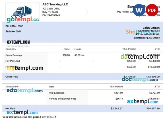 USA South Carolina TRUCKING LLC paystub example in Word and PDF formats