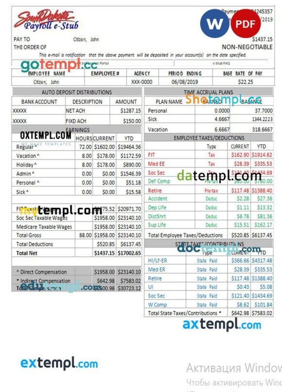USA South Dakota payroll e-stub pay stub example in word and PDF format