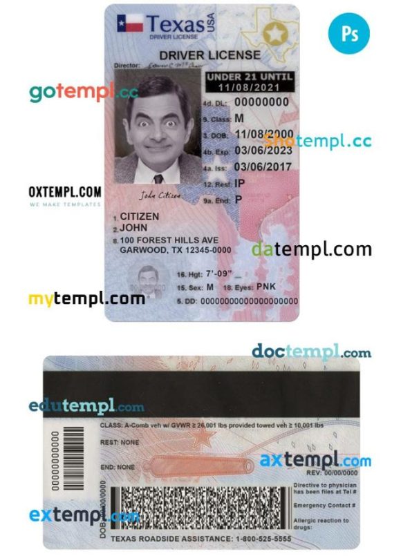 Texas driver license PSD template, under 21