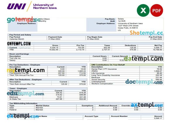 USA UNIVERSITY of Norther Iowa paystub example in Excel and PDF formats