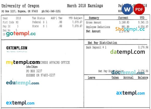 USA UNIVERSITY of Oregon payslip example in Word and PDF formats