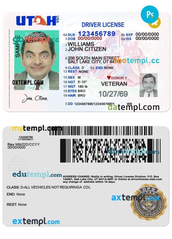 Utah driver license PSD template, 2021 - present
