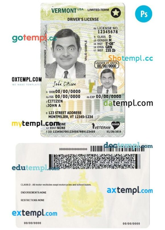 Vermont driver license PSD template, under 21